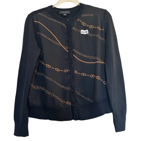 Ann Taylor Black Cardigan with Gold Chain Design - Picture 1 of 7